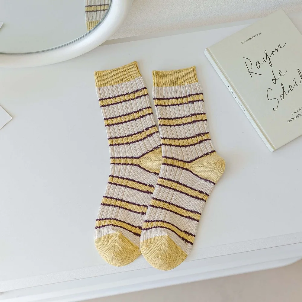 Candy Color Striped Pattern Socks for Women Cotton Blends Spring Autumn Standard Thickness Socks