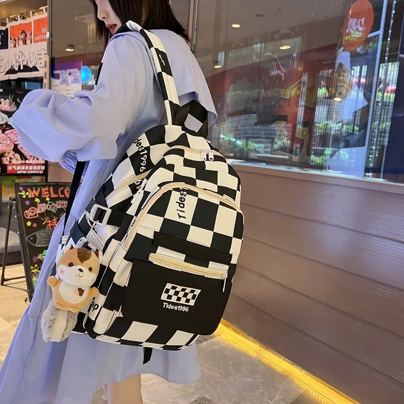 Casual Backpack for Students Checkerboard Plaid Schoolbag for Female Junior High School Large-capacity Design Multi-pocket