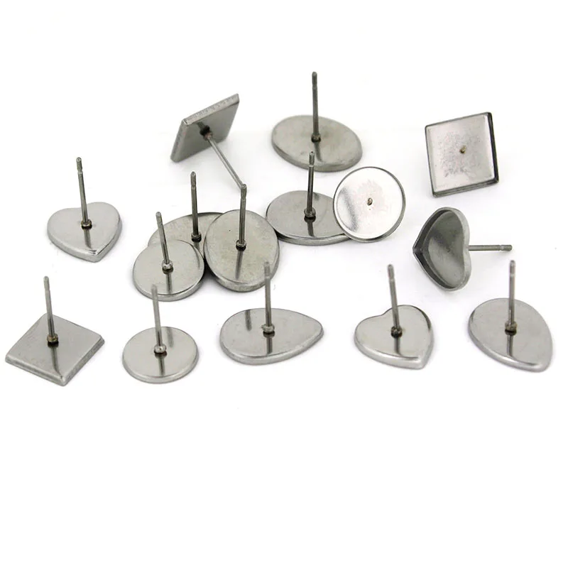 30pcs/Lot Stainless Steel Heart Square Earring Studs Blank Post Base Earrings Cabochon Settings DIY Jewelry Findings Accessories