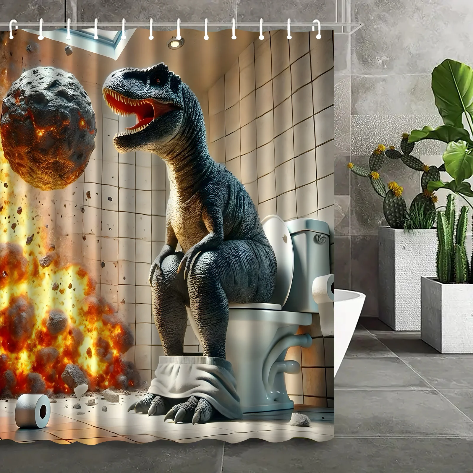Funny Dinosaur Shower Curtain T Rex on Toilet Meteor Impact Cartoon Art Creative Bathroom Decor Waterproof Printed Bath Curtain