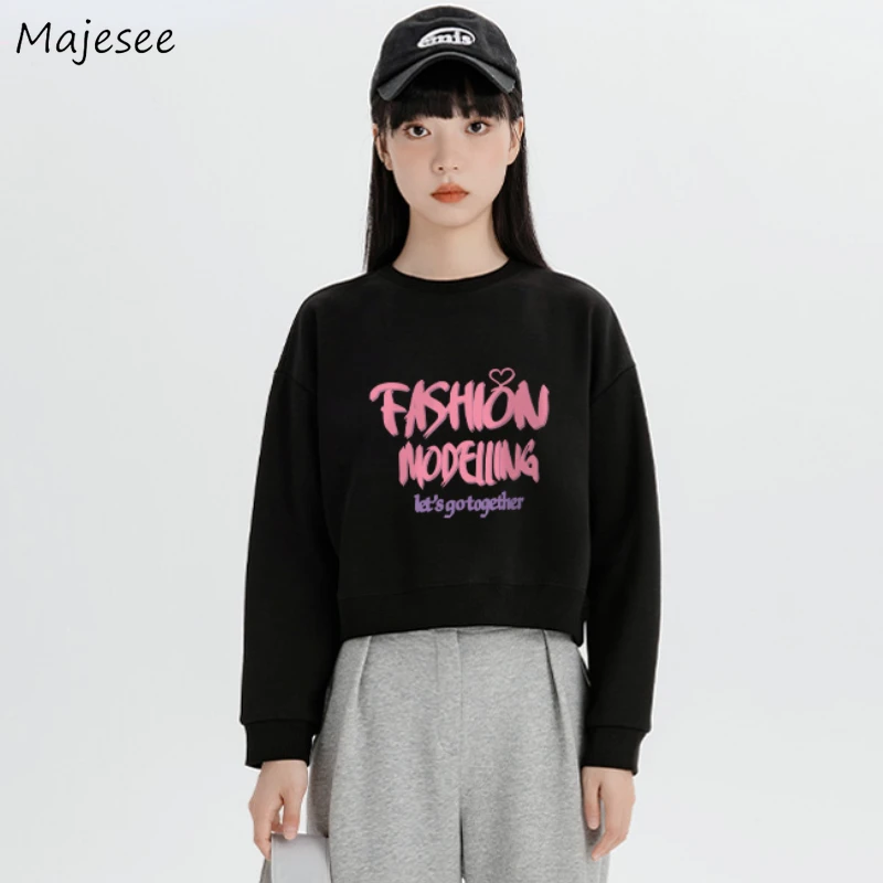 

Crop Prints Round Neck Sweatshirts Women Baggy Y2k Streetwear Spring Autumn New Stylish Teens Long-sleeved Tops Cute Students