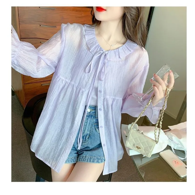 Einfarbige, dünne Sonnenschutz-Oberteile aus Chiffon für Damen, modische, vielseitige Strickjacke mit Rundhalsausschnitt und langen Ärmeln und Knopfleiste