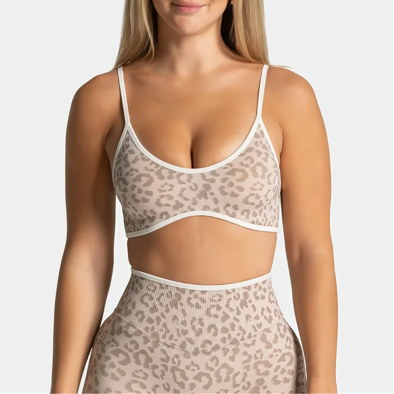 HISTELLO Women Sexy Seamless Yoga Bra Leopard Print Gathered Push Up Beautiful Back Naked Feel Quick Dry High Impact Workout Top