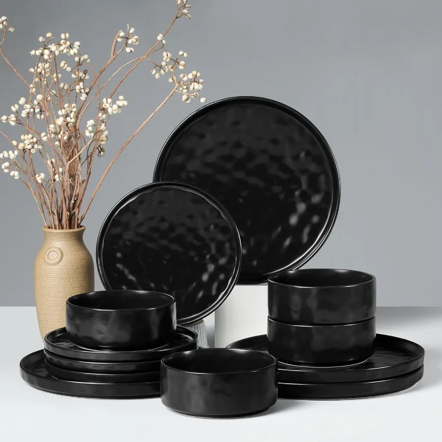 

12Piece Stoneware Dinnerware Set for 4 People with Plates and Bowls Matte Black Ceramic Tableware for Home Restaurant Use Chip