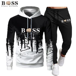 Roupa esportiva de jogging justa estampada masculina, moletom com capuz e calças, roupa esportiva casual, outono, inverno, 2023