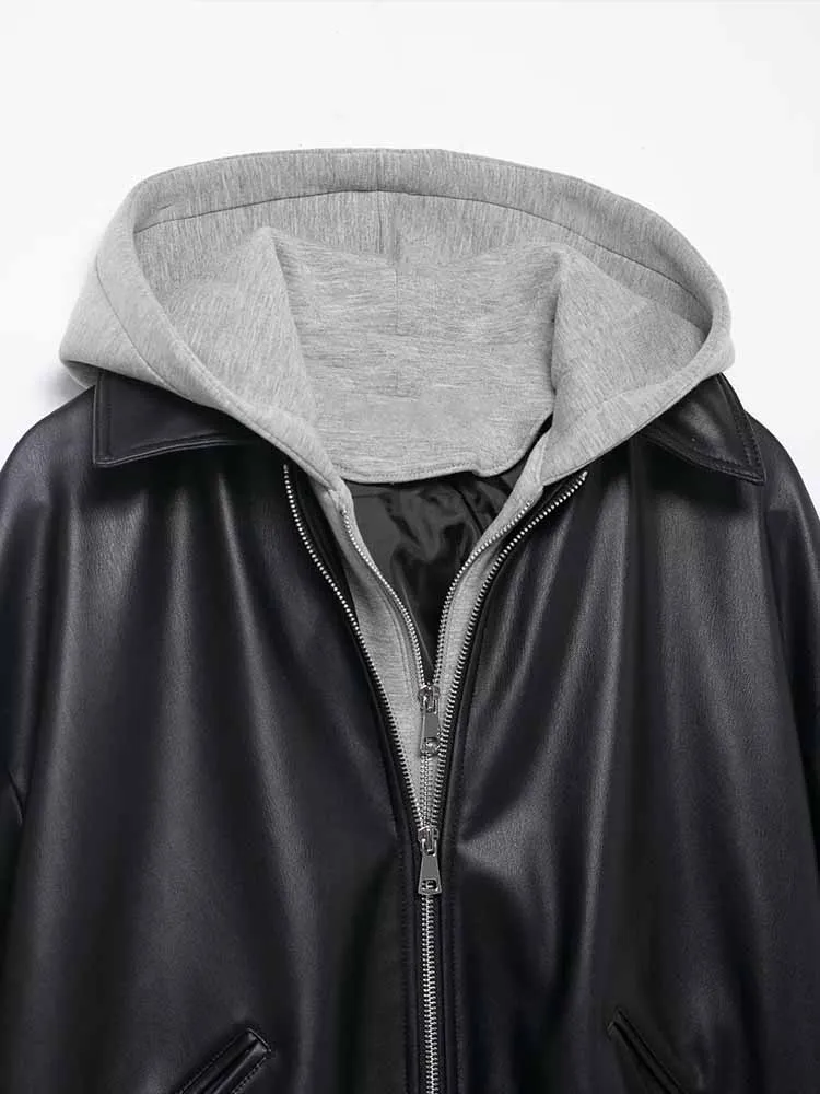 Nuovi arrivi autunnali in stile europeo e americano, abbigliamento da donna alla moda e alla moda, versatile giacca effetto pelle patchwork.