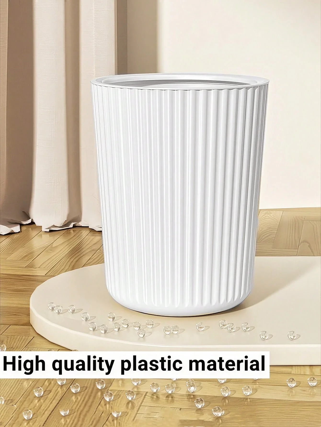 1개 심플 스트라이프 프레스 링 쓰레기통, 화이트 침실 거실 욕실 쓰레기통, 플라스틱 쓰레기통, 사무실 및 호텔용