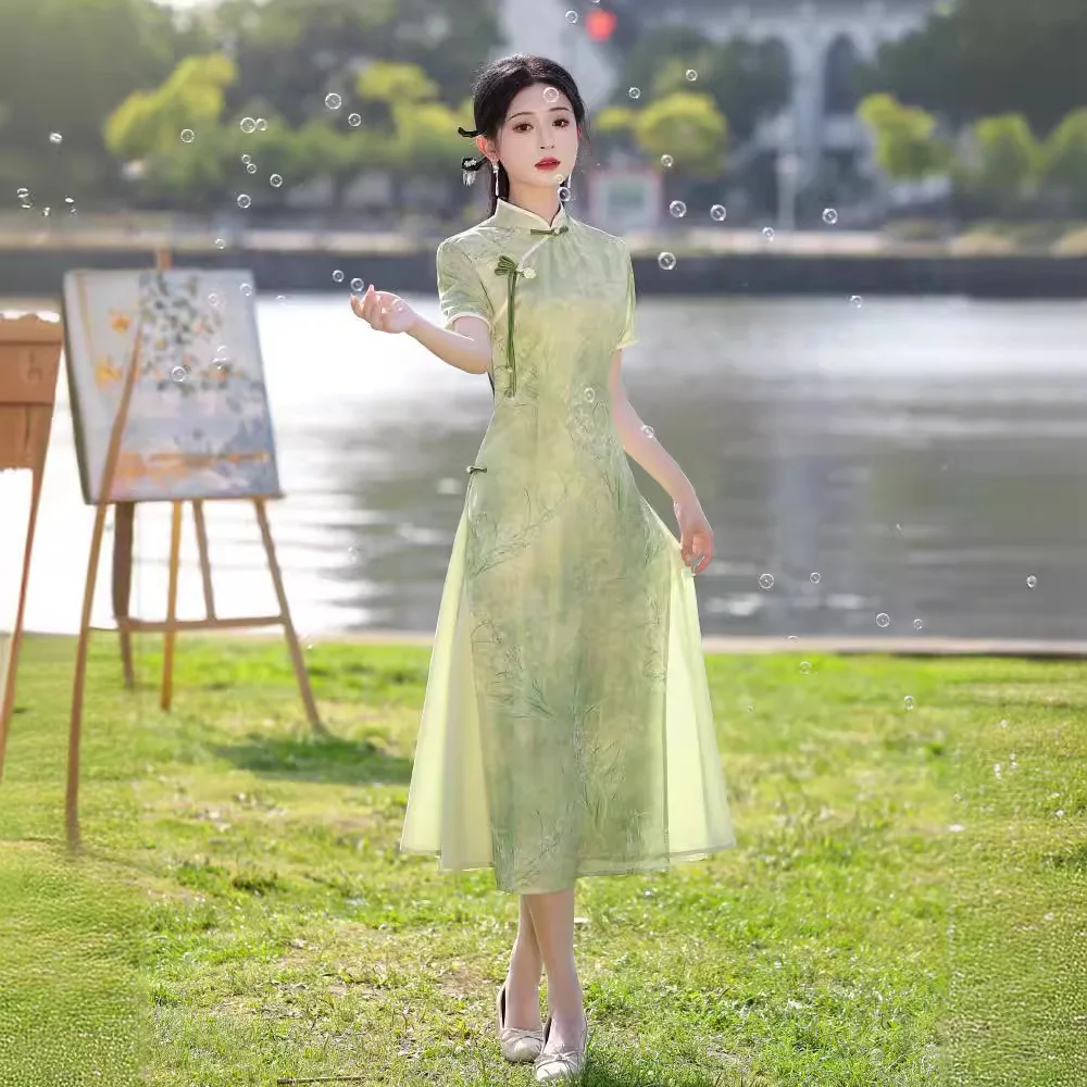 

Summer Double Layer Green Qipao Chinese Traditional Dress for Girls Cheongsams Ladies Lovely Daily Wear Dress CH-063