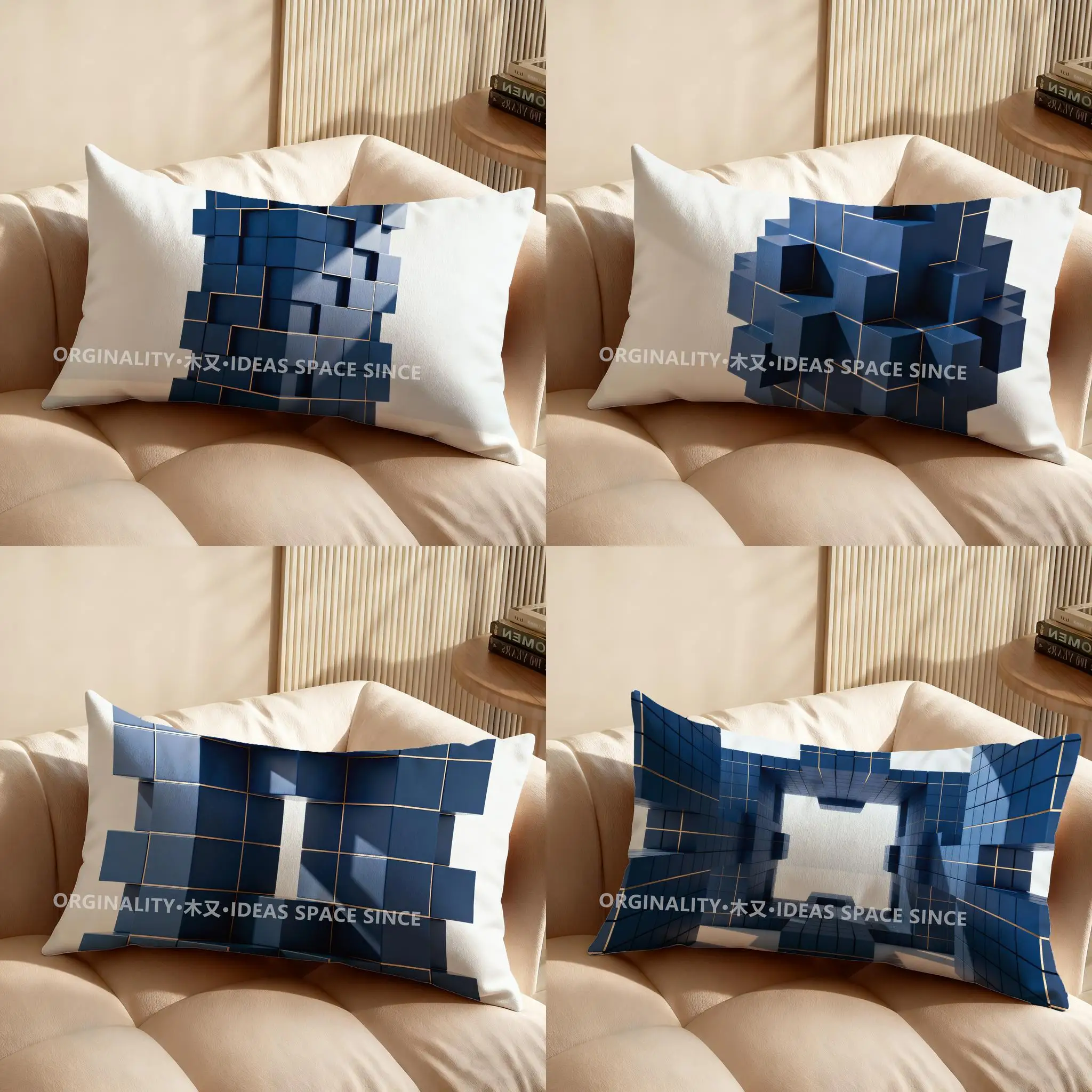 2D Blue Cubic Pattern Pillow Cover Suitable For Sofa Bedroom Car Pillow Cover Cushion Rectangular Back Cushion