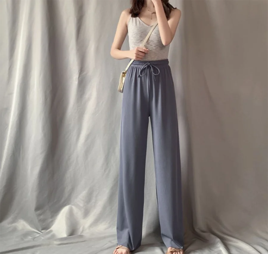 Summer Popular Soft Solid Color Ankle Length Trousers Black Gray Pink Blue Elastic Waist Wide Leg Fitness Trousers Quick Dry