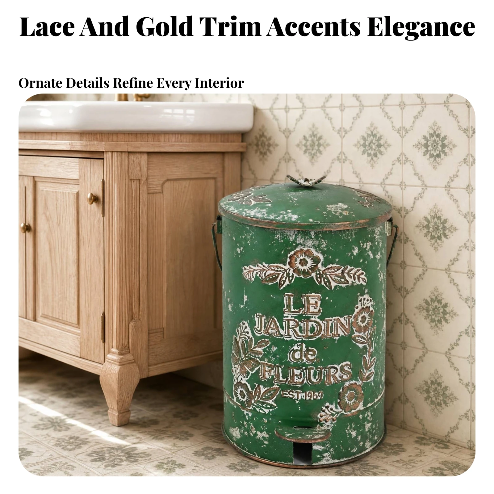

Foot Pedal Trash Can Distressed Finish Pedal Trash Can Cylindrical Metal Bin Floral Ornamentation Metal Garbage Bin Fitted Lid