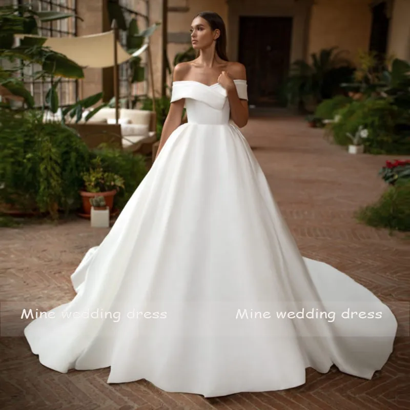 Customized Simple Off Shoulder A-Line Satin Wedding Gowns Back Zipper And Buttons Bridal Gowns