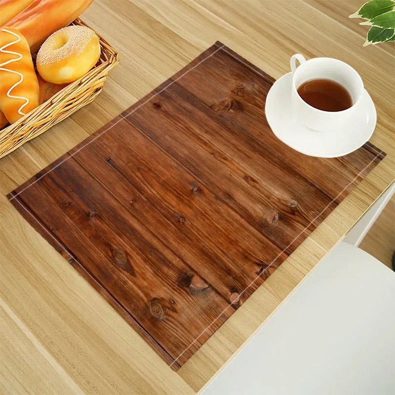 Wood Print Linen Dining Table Mats Alphabet Kitchen Placemat 30X40cm Coasters Pads Bowl Cup Mat