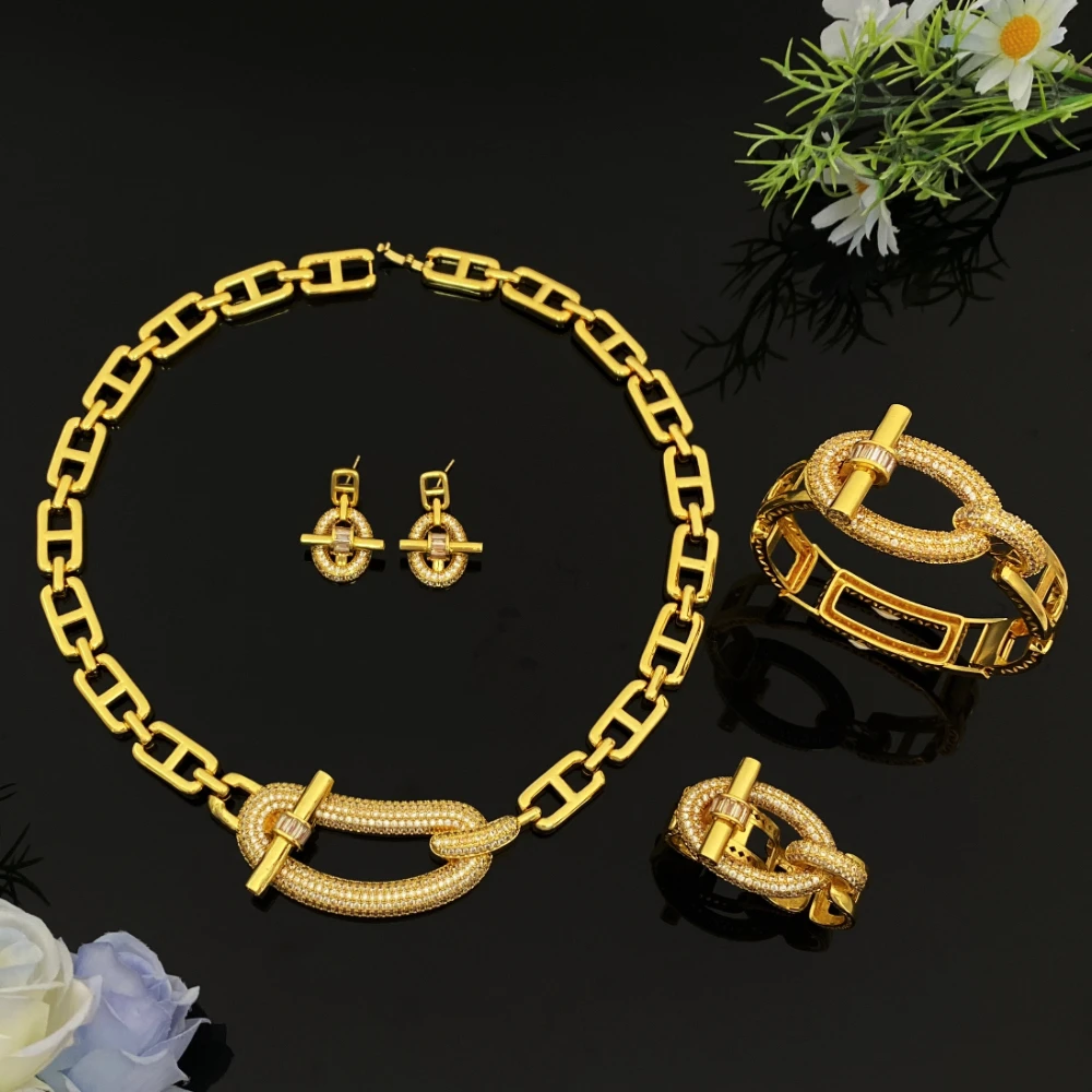 

JRH 4-Piece Set Shiny Cubic Zirconia Gold Plated Copper Saudi Jewelry Bracelet Ring Necklace Earrings Perfect Birthday Party