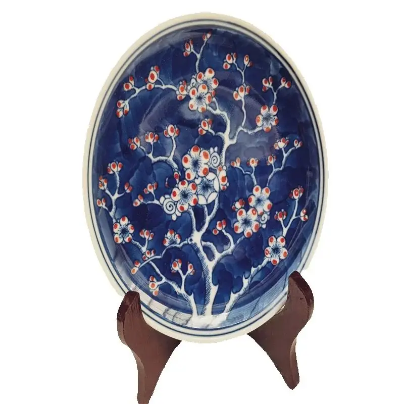 China Old Porcelain Plate Blue And White Underglaze Red Plum Blossom Pattern Vintage Decorative Dish
