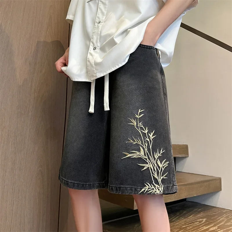 Summer Y2K Baggy Denim Shorts Men New Bamboo Embroidered Short Jeans Pants Vintage Harajuku Hip Hop Streetwear Wide Leg Bermuda