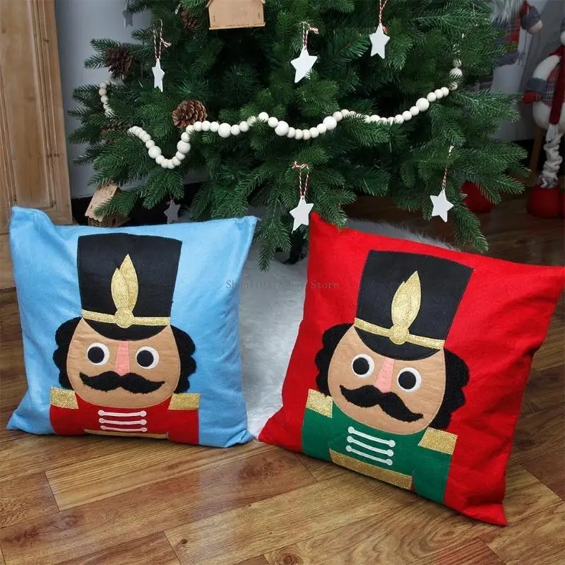 Christmas Cartoon Nutcracker Pillow for Case Felt Soldier Toy Xmas Cushion Cover