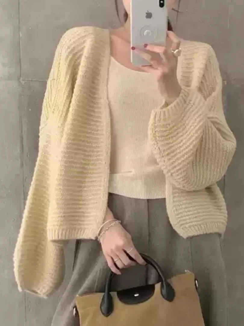 

Свободный вязаный открытый кардиган, женский осенний новый мягкий уютный полосатый свитер Jaet, модный длинный свеч V-Ne, стандартная длина