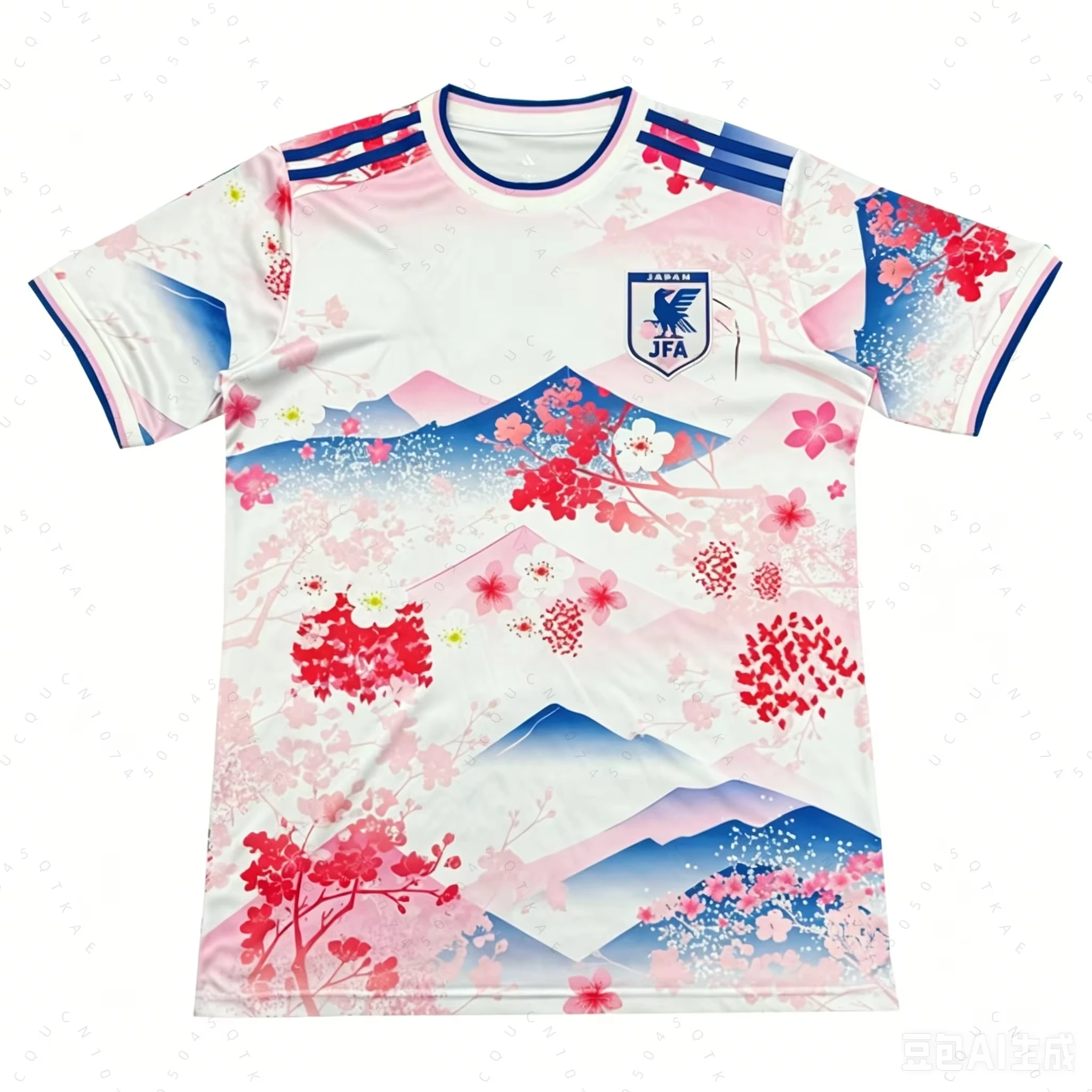 2026 Adults Kids Cherry‑Blossom Landscape Soccer Jersey V‑Neck Pink‑Blue Floral Mountain Print Sports Pattern Fan Football Shirt