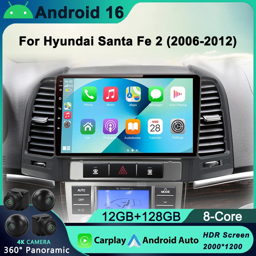 

Android 16 DSP Car Radio Multimidia Video Player Navigation GPS For Hyundai Santa Fe 2 2006-2012 2din Head Unit Carplay