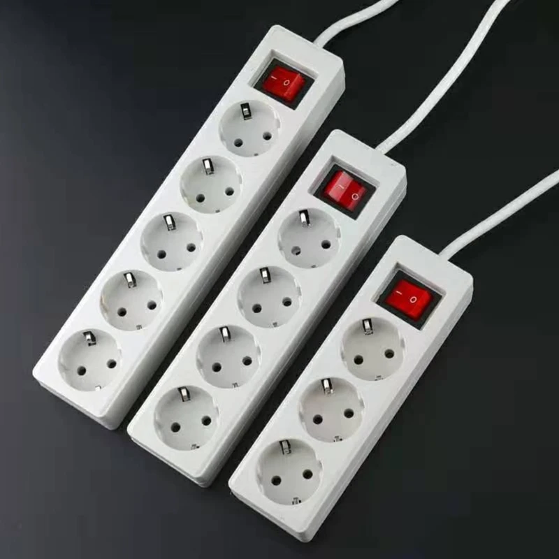 

EU Home Standard German Type Power Strip 3/ Sockets in Row Flat Adapter Light Switch with Surge Protector Extension Cable