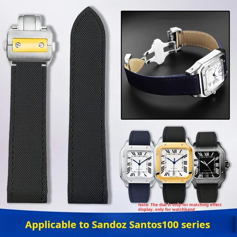 New 23mm blue nylon strap For Cartier Santos100 Santos Sandoz 100 leather watchband soft Men Folding buckle watch accessories