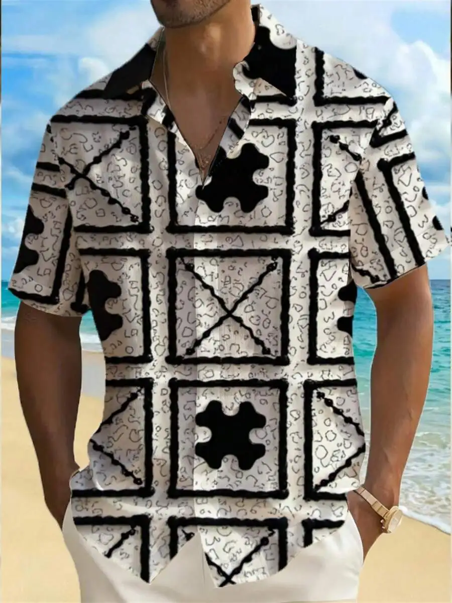 

Men Short Sleeve Button Down Shirt With Puzzle Grid Print Casual Hawaiian Style