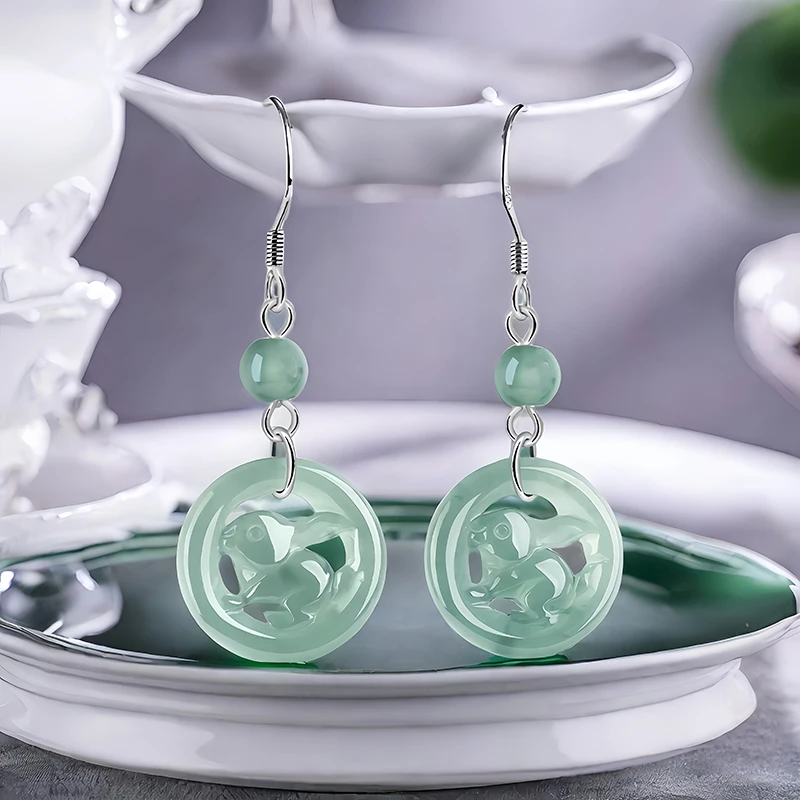 

Blue Burmese Jadeite Rabbit Earrings Talismans Luxury Carved 925 Silver Fashion Emerald Gifts for Women Amulet Natural Jewelry