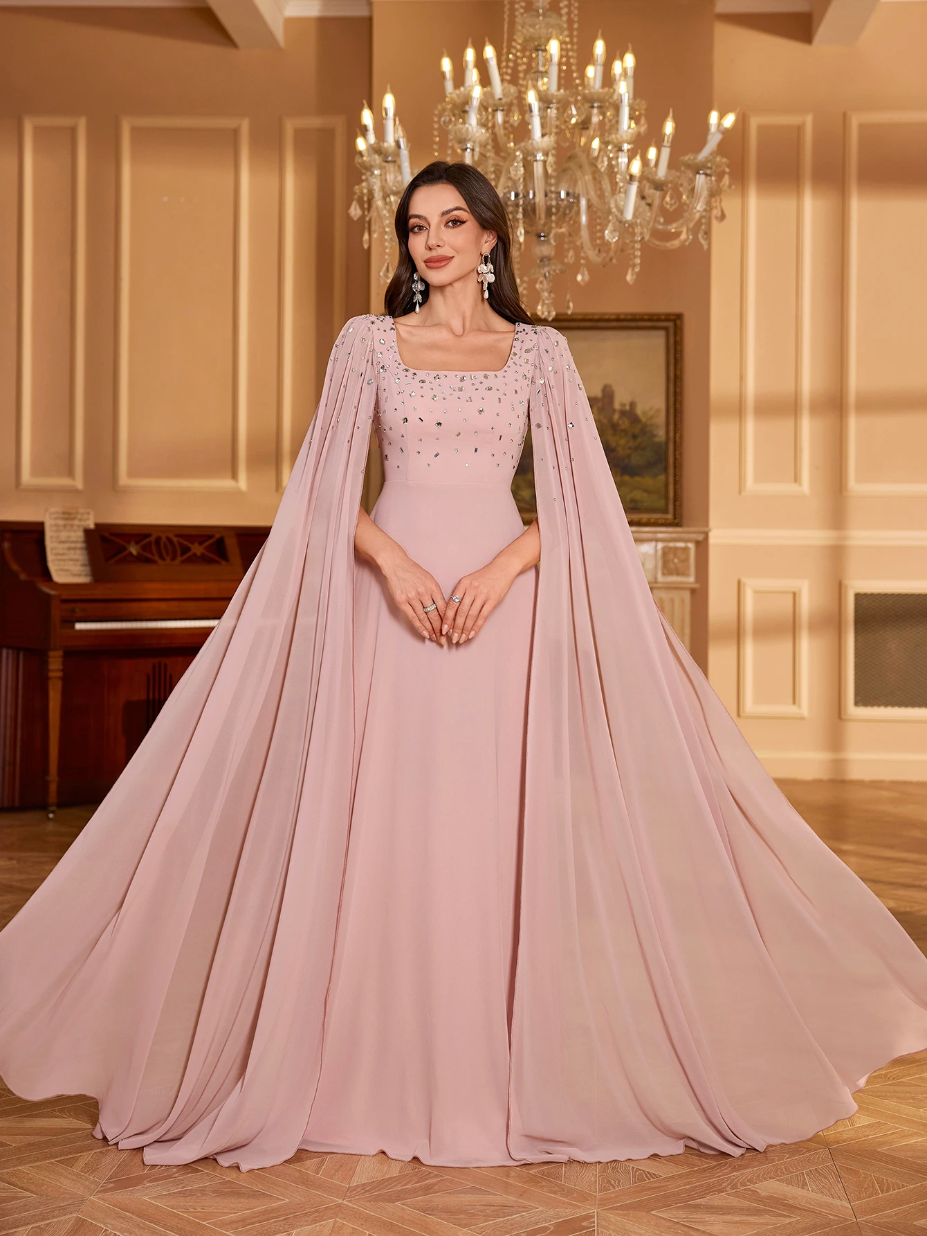 

UNITHORSE Women Square Collar Rhinestone & Sequin Sleeve Solid Color Chiffon Evening Party Bridesmaid Dress