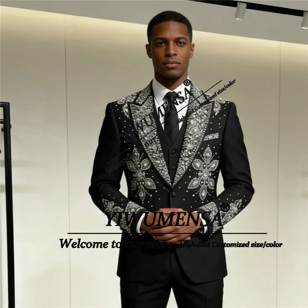 

Sparkly Diamond Beaded Suits Men Slim Fit Single Breasted Jacket Pants 2 Piece Set Groom Tuxedos Customized Man Banquet Attire