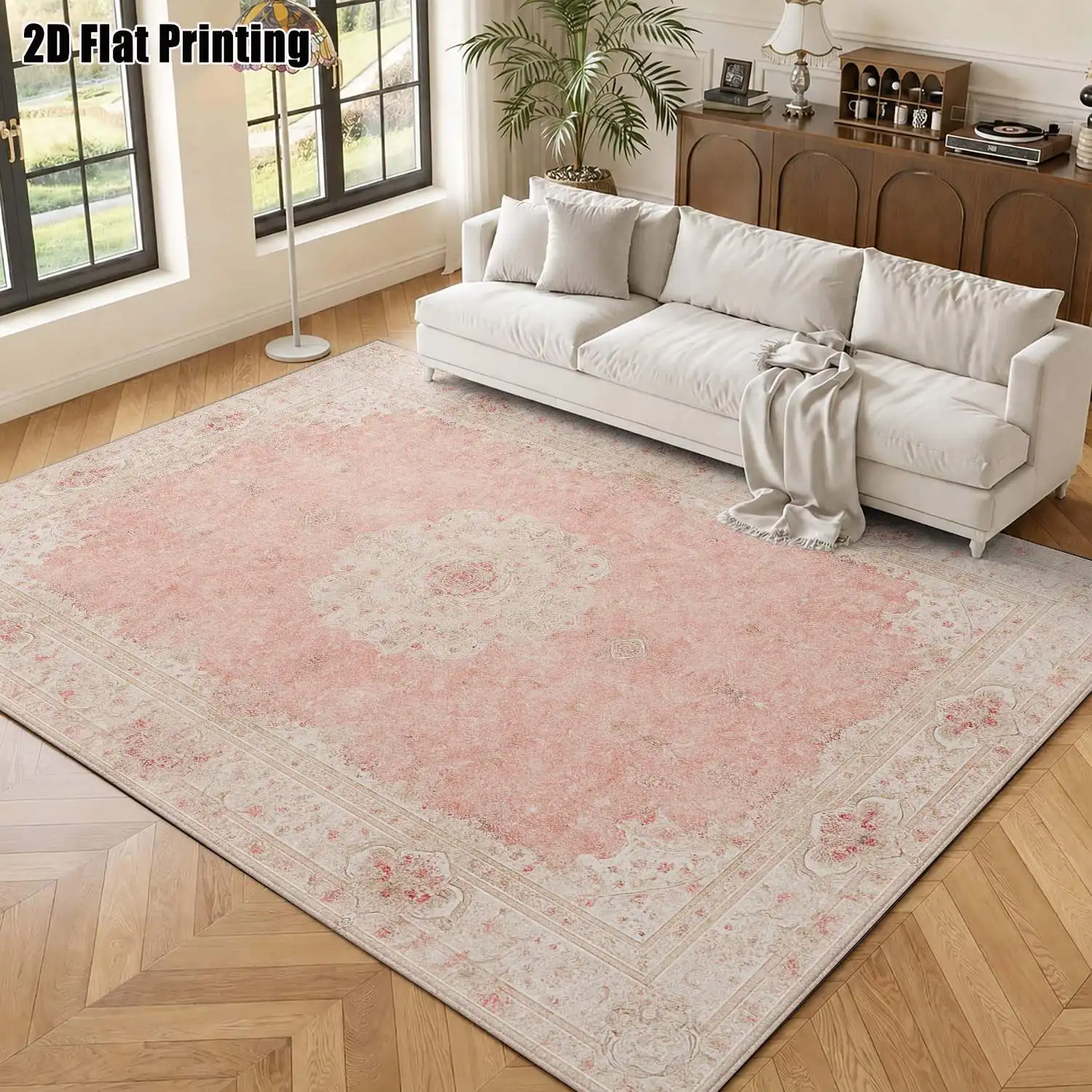1Pc 2D Printed Pink Retro Floral Pattern Carpet, European Style with Geometric & Floral Decor, Multi-Size, Machine Washable, Ideal for Home Spaces