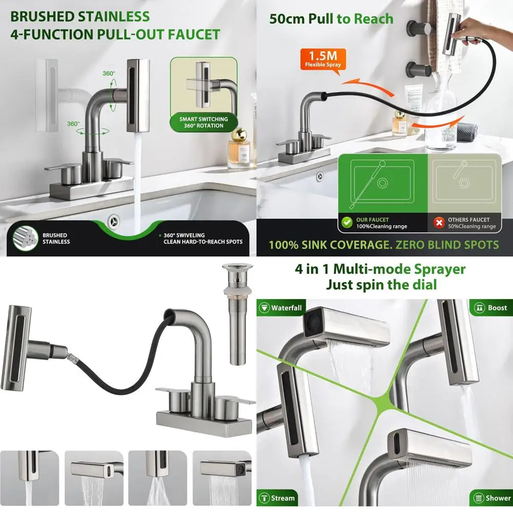 

3-Hole Pull-Down Spray Faucet with 4 Handles, Brushed Nickel, Centerset for Laundry Sink with Pop-Up Drain