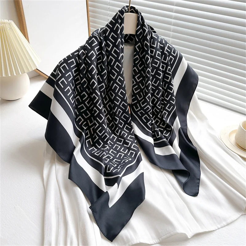 90*90cm Square Luxury Brand Women Scarf Silk Letter Print Designer Hijabs Female Neckerchief Scarves Wrap Headband Bandana