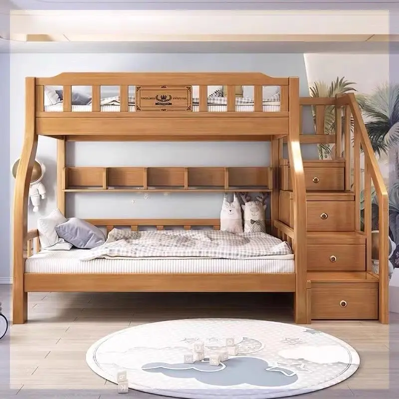 *Modern Solid Wood Kids Bunk Bed With Storage Stairs Drawers Bookshelf Children Bedroom Furniture Double Deck Bed Frame view 3