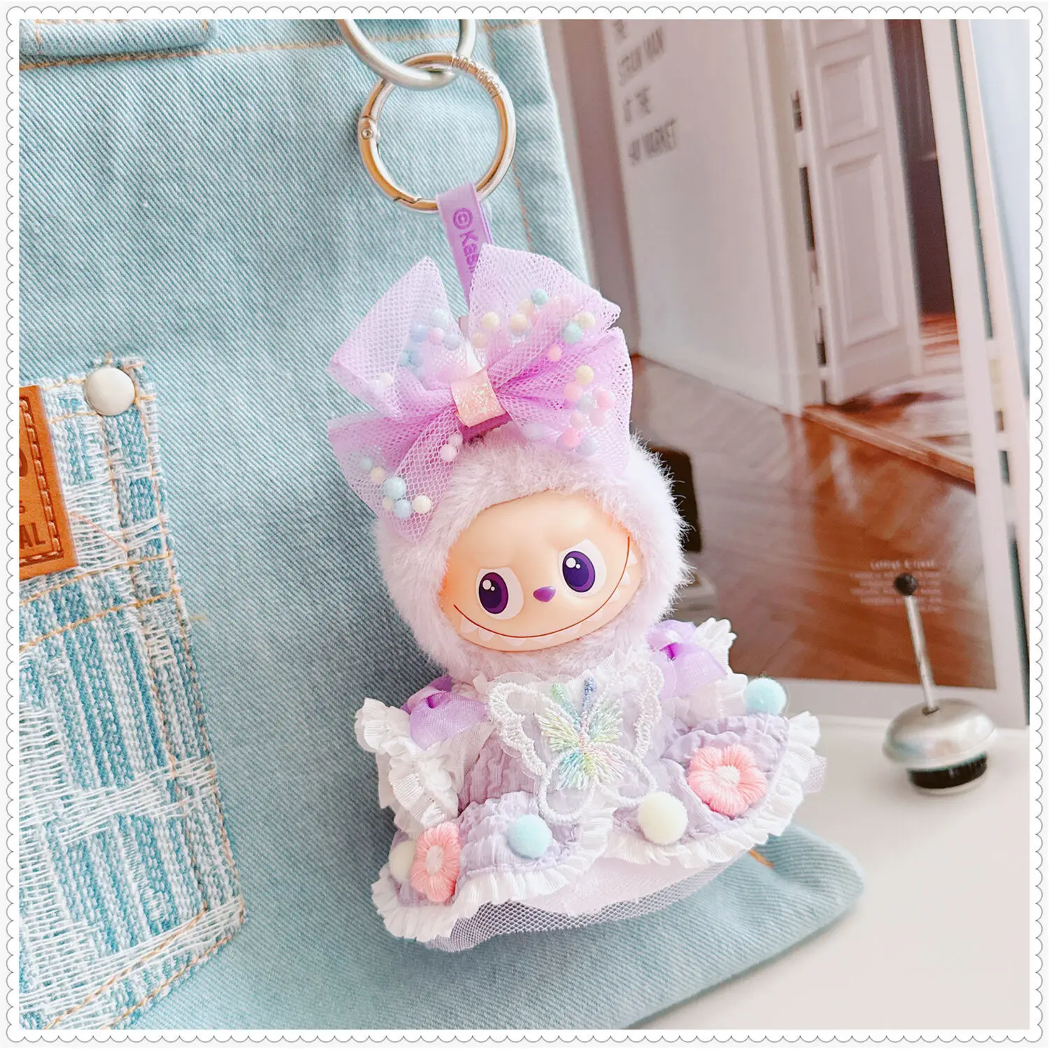 

10cm Mini Labubu 4th Gen 4.0 Doll Clothing Set Purple Tulle Skirt Butterfly Dress With Pom-Pom Hair Accessories