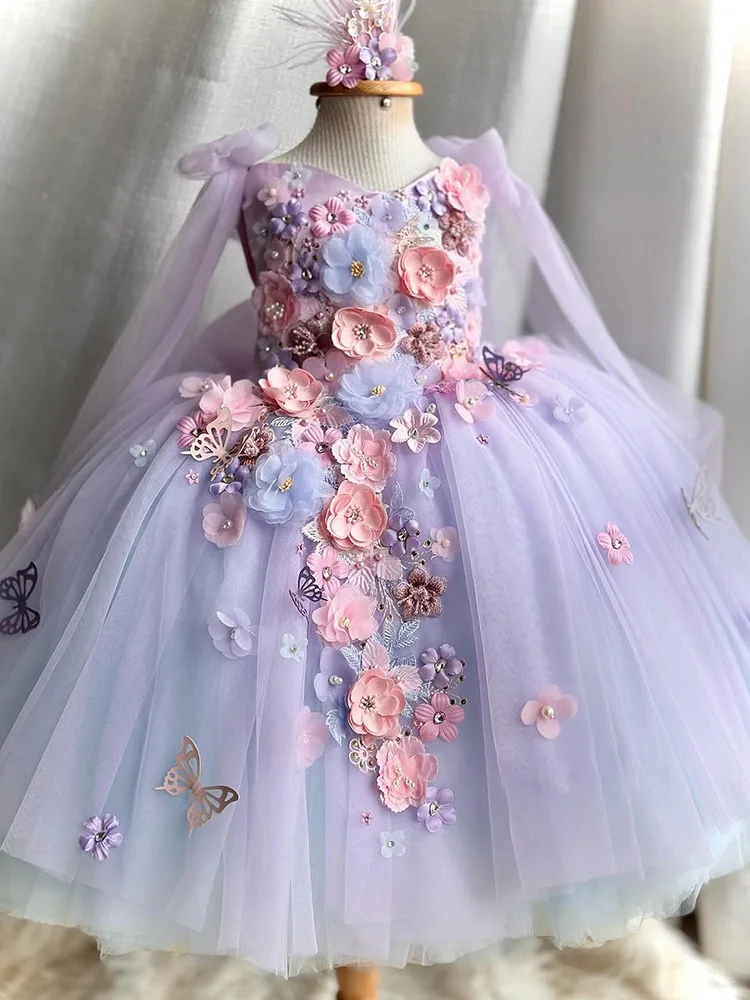 

Purple 3d Applique Flower Girl Dress for Wedding Puffy Tulle Baby Princess Baby Kid Birthday Party First Communion Ball Gown