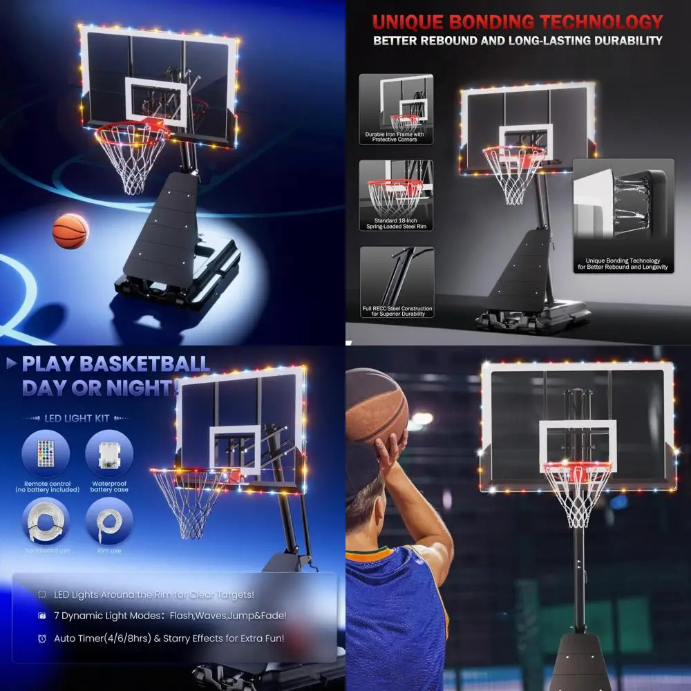 Portería de baloncesto al aire libre ajustable de 10 pies con luz LED, tablero posterior duradero, sistema portátil para todo tipo de clima