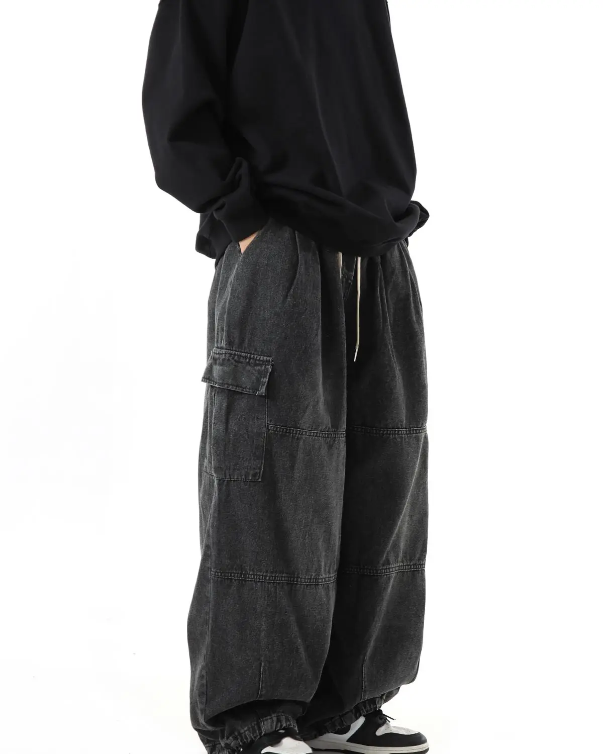 Schwarze Baggy-Cargohose für Herren, lässig, weites Bein, Jogginghose, Übergröße, Vintage, gerade, lockere Arbeitsjeanshose, weicher Komfort – Detail 11
