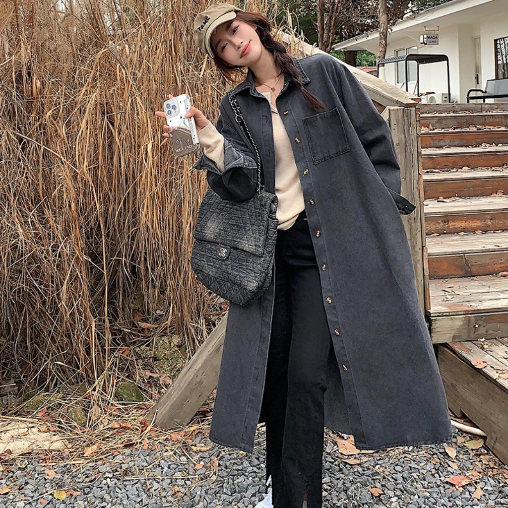 

Женская винтажная рабочая одежда в гонконгском стиле, джинсовое пальто, свободное платье-рубашка средней длины до колена на весну и осень