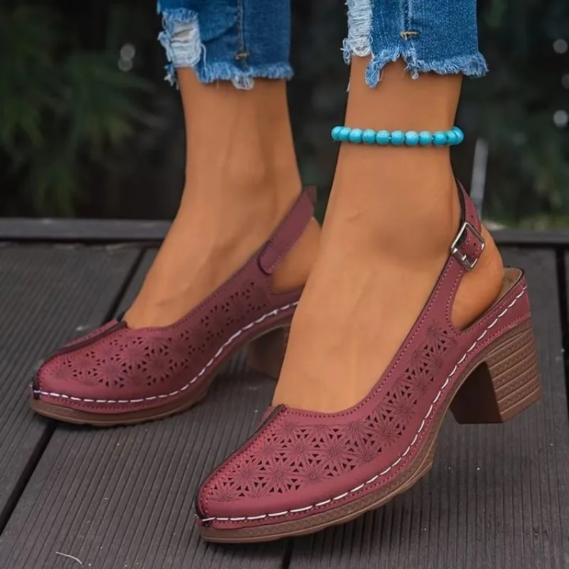 Summer New Women High Heel Sandals Comfortable Rubber Sole Shoes Large Size 43 Roman Style Round Toe PU Leather Slip-On Sandals