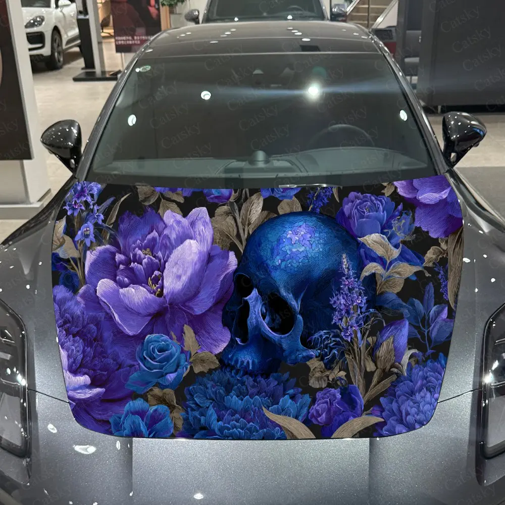 

Car Decal Gothic Culture-Inspired Combination of Skull and Blue Floral Elements Car Hood Sticker, Waterproof Self - Adhesive PVC