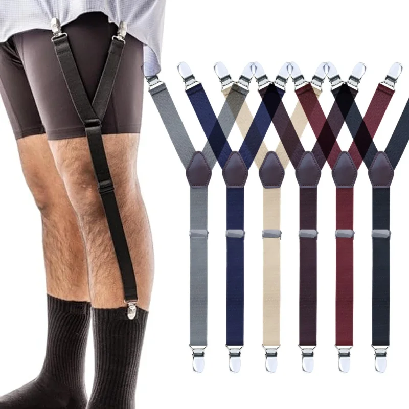 1ペア メンズ シャツホルダー ステイ Y型 調節可能 弾性レッグサスペンダー ストラップ 滑り止めクリップ ソックスガーター クランプ シワ防止