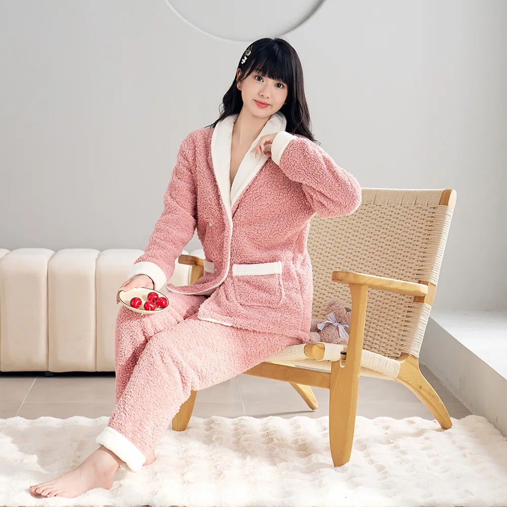 

Winter Flannel Cardigan Women's Cute Coral Fleece Thickened Warm Outerwear Home Wear Pajamas Sets Nightwear Home Clothes