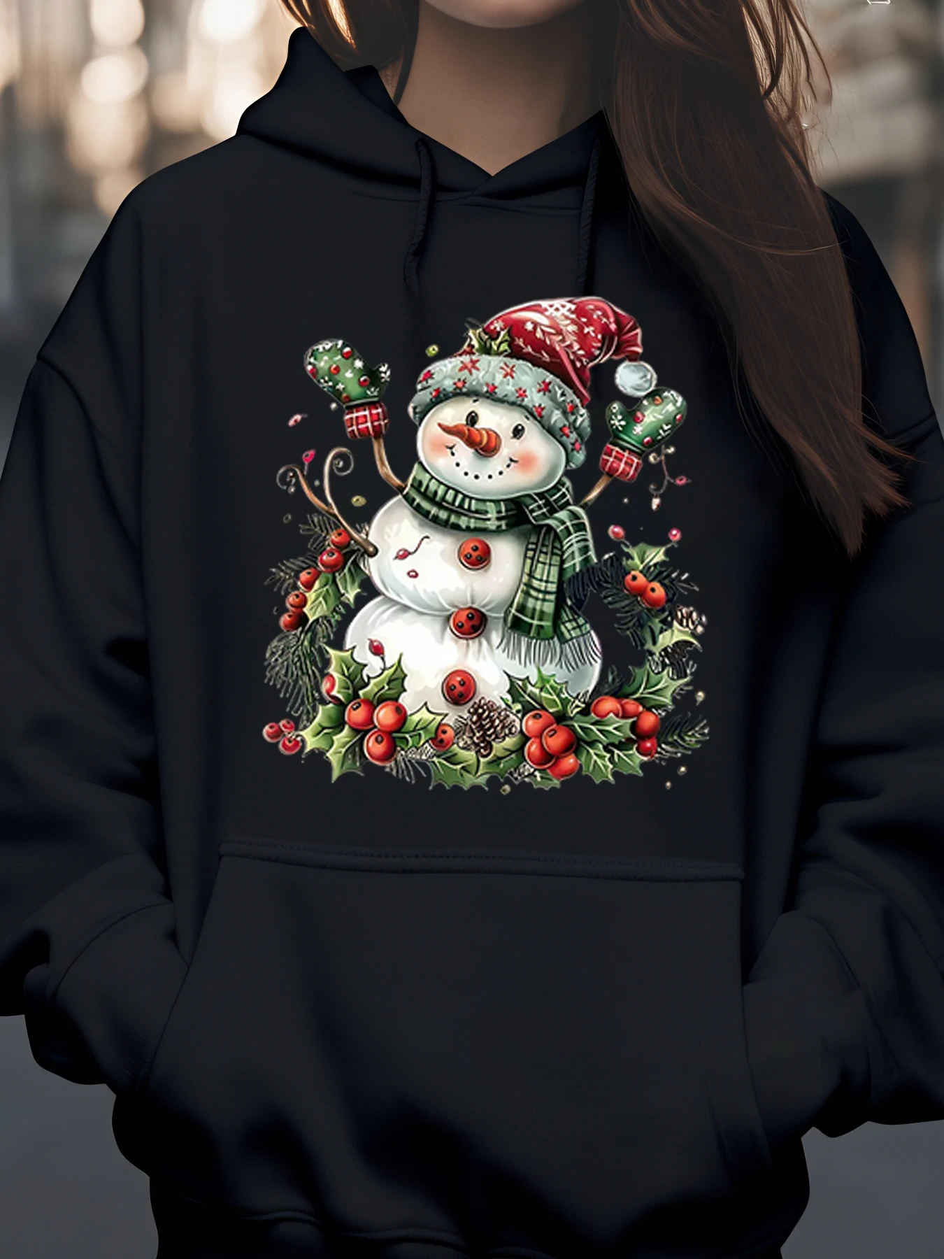 ثلج عيد الميلاد طباعة هوديي عطلة عارضة ارتداء الزي الشتوي المرأة