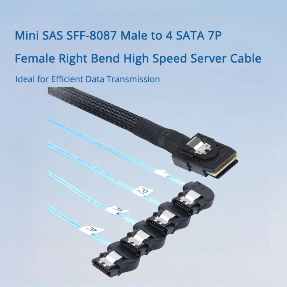 Mini SAS SFF-8087 Macho para 4 SATA 7P Fêmea Cabo de servidor de alta velocidade com curvatura direita - Ideal para transmissão de dados eficiente