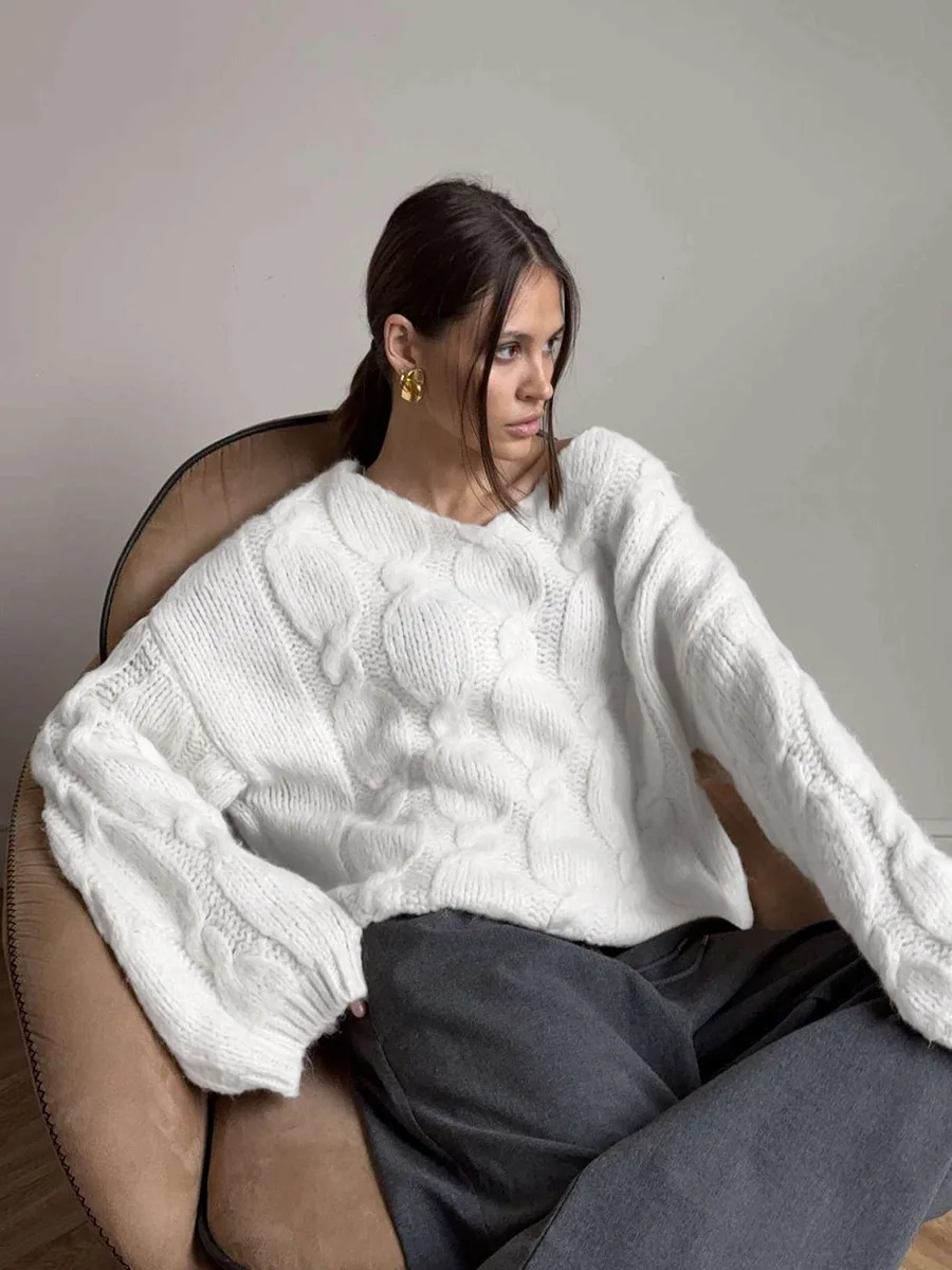 Women Cable Knit V Neck Sweater Oversized Loose Chunky Twist Pullover Long Sleeve Casual Autumn Retro Commute Top