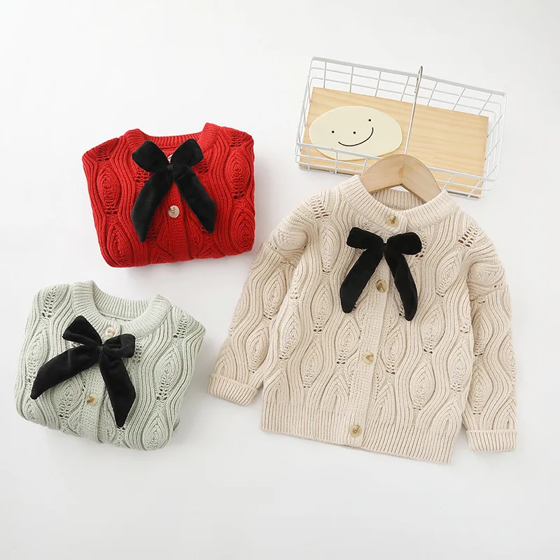 Baby Girls Sweater Cable-knit Fashion Knitted Cardigan Knitwear Bow-tie Children Princess Girl Autumn Winter Sweaters HY07201