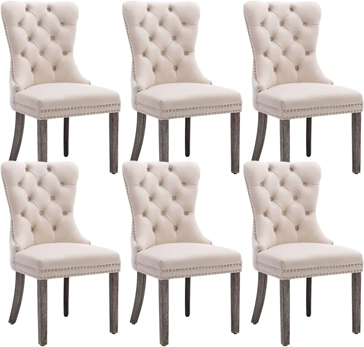 

Velvet Dining Chairs Set of 6,Tufted Dining Room Chairs with Nailhead Ring Pull Trim,Upholstered Chairs with Wood Legs,Beige