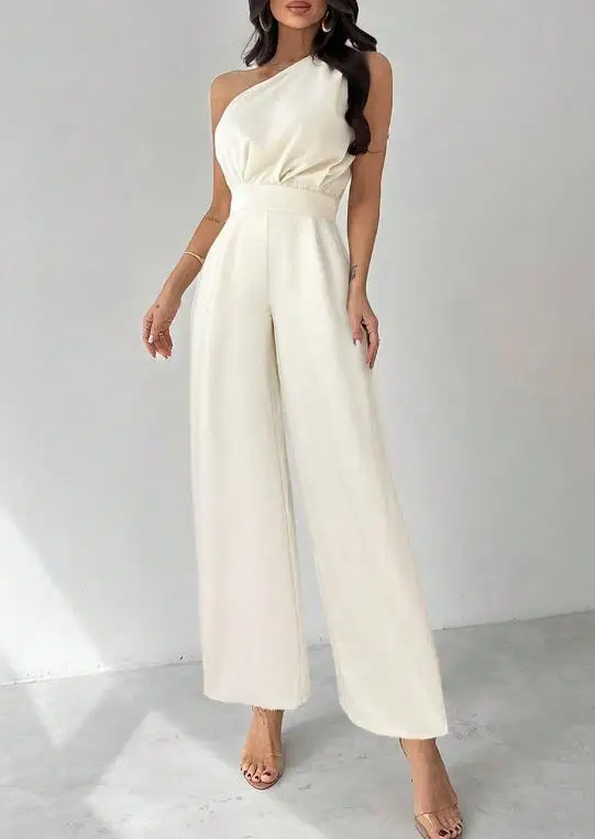 

Jumpsuit Women 2025 Spring Autumn Fashion Off Shoulder Jumpsuit Sleeveless Sloping Shoulder High Waist Casual Wide Leg Jumpsuit