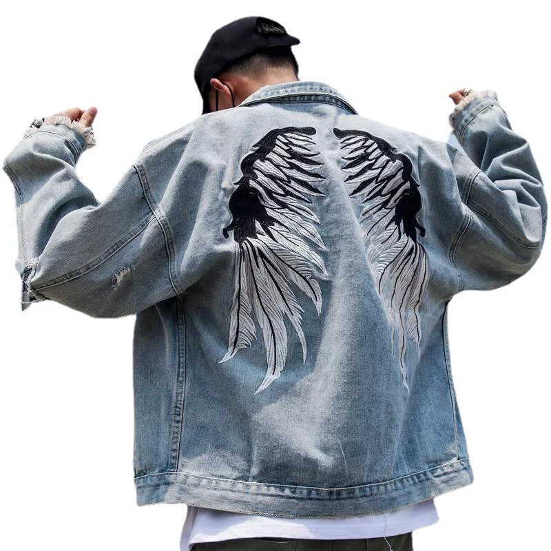 Veste en jean brodée d\'aile arrière pour hommes, manteau en denim, jean baggy, combinaison hip hop, mode Harajuku, streetwear décontracté